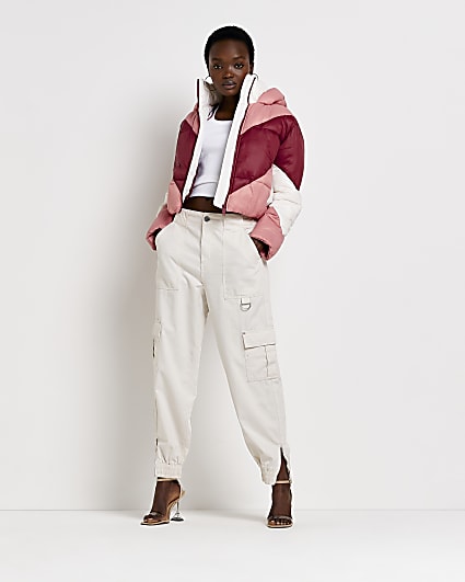 Pink hooded puffer cropped coat