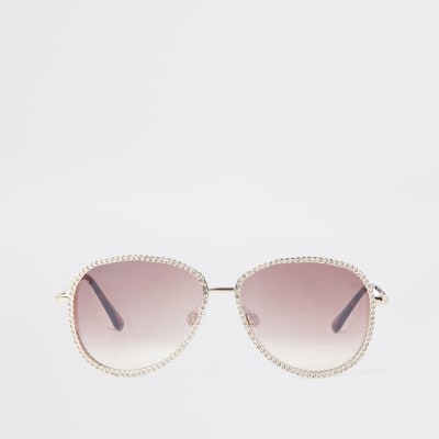 Pink iridescent round embellished sunglasses
