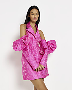 Pink jacquard bow detail blazer dress