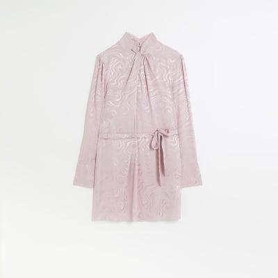 Pink jacquard long sleeve mini dress