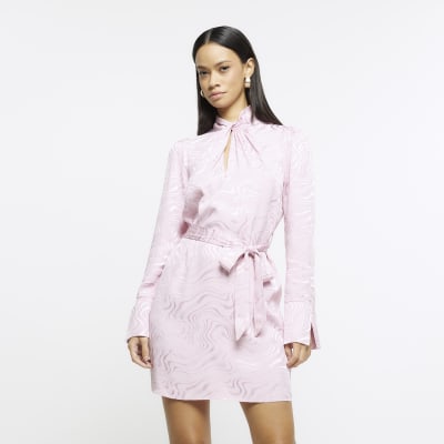 Pink jacquard long sleeve mini dress