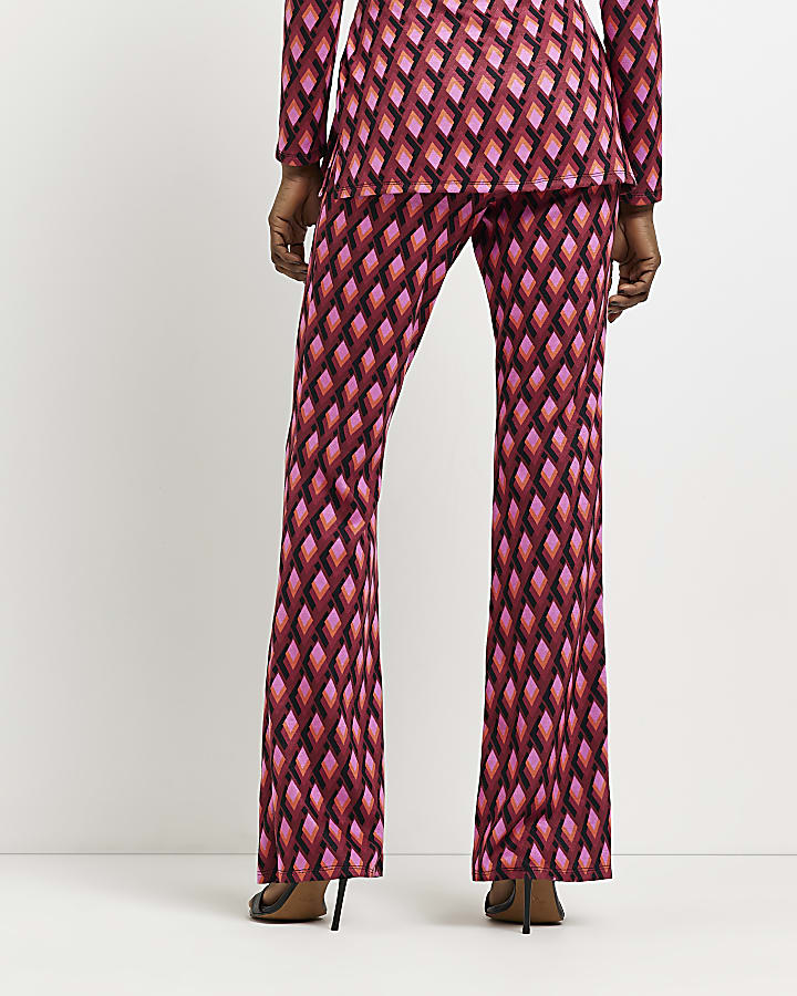 Pink jacquard printed flare trousers