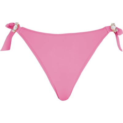 Pink jewelled tie side bikini bottoms