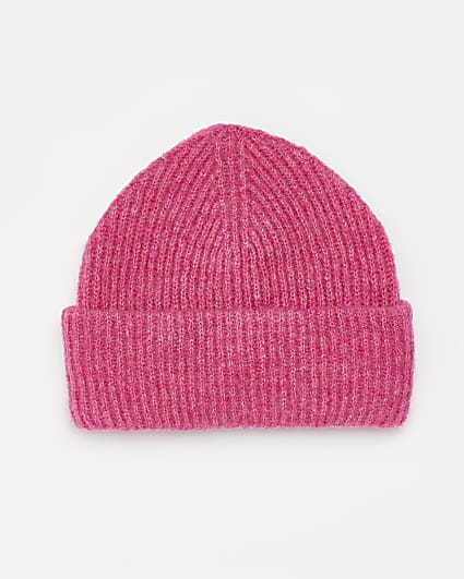 Pink knit beanie hat
