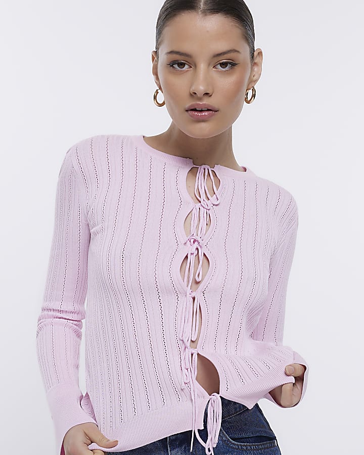 Pink knit bow cardigan