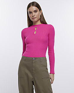 Pink knit cut out long sleeve top