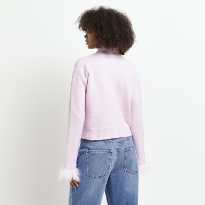 Pink knit feather trim jumper