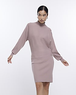 Pink knit long sleeve jumper mini dress