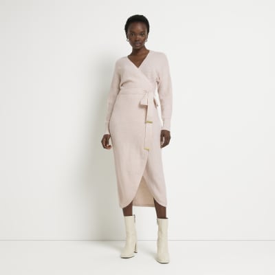 Pink knit long sleeve wrap midi dress | River Island