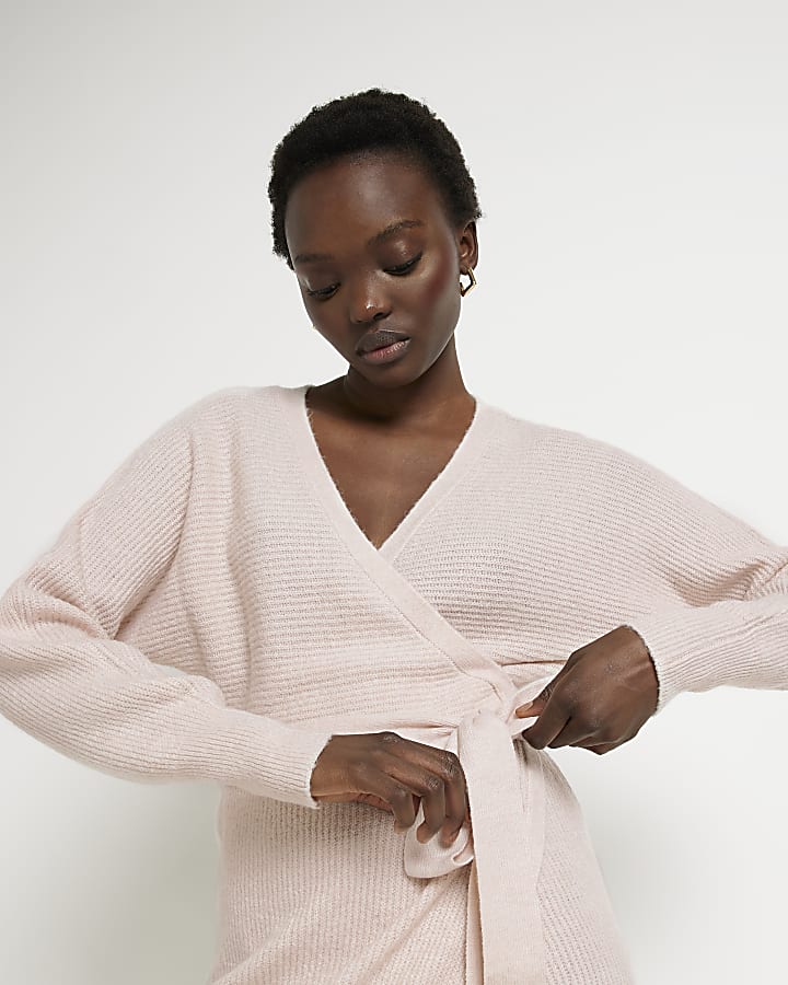 Pink knit long sleeve wrap midi dress