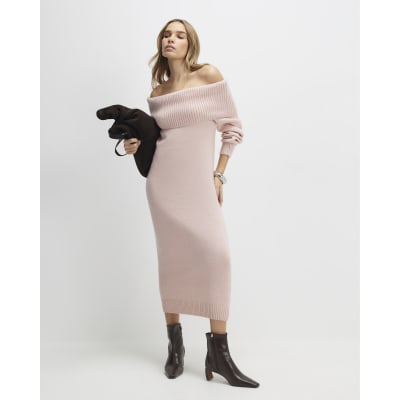 Pink Knitted Long Sleeve Bardot Midi Dress