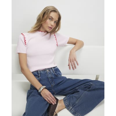 Pink Knitted Short Sleeve Frill Top