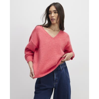 Pink Knitted V Neck Jumper