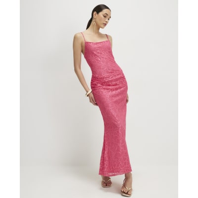 Pink Lace Drape Maxi Dress