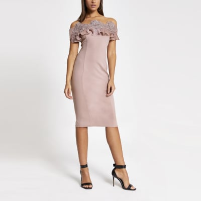 pink bardot midi dress