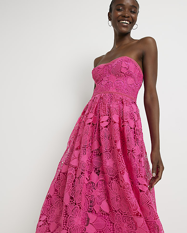 Pink lace midi bandeau dress