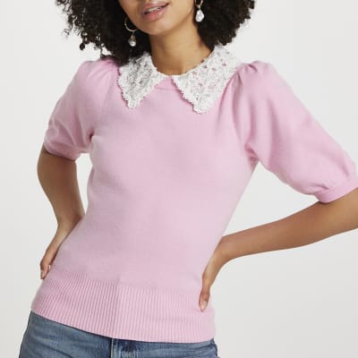 Pink Lace Pearl Collared Jumper | River Island