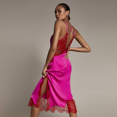 Pink Lace Satin Midi Slip Dress River Island 