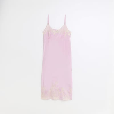 Pink lace slip midi dress | River Island