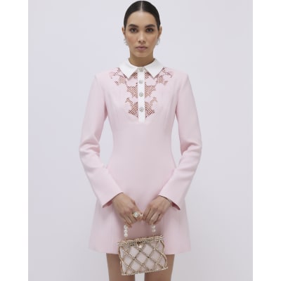 Pink Lace Trim Collared Mini Dress