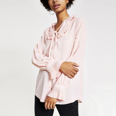 Pink Lace Trim Tie Neck Blouse River Island 8492