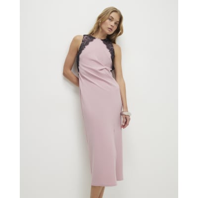 Pink Lace Trim Twist Midi Dress