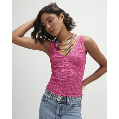 Pink Lace V Neck Cami