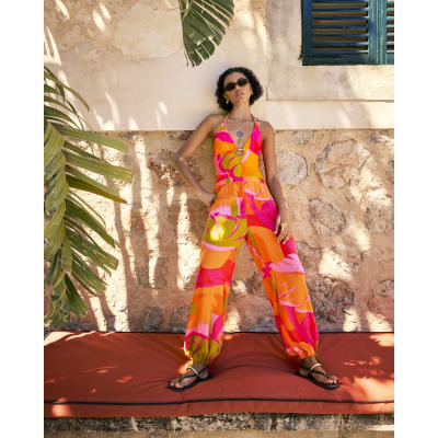Pink Leaf Print Balloon Leg Trousers