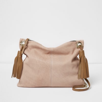 Pink leather tassel cross body bag River Island
