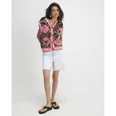 Pink Leopard Print Knitted Waistcoat