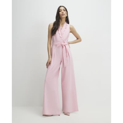 Pink Linen Blend Scallop Belted Jumpsuit