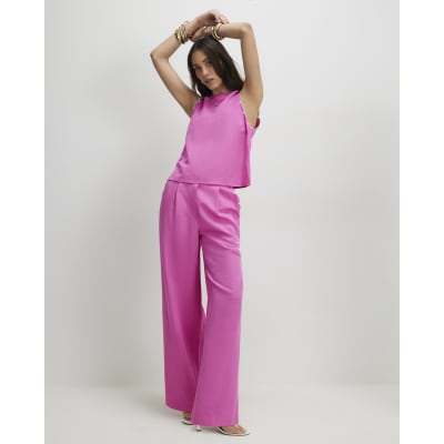 Pink Linen Blend Scallop Wide Leg Trousers