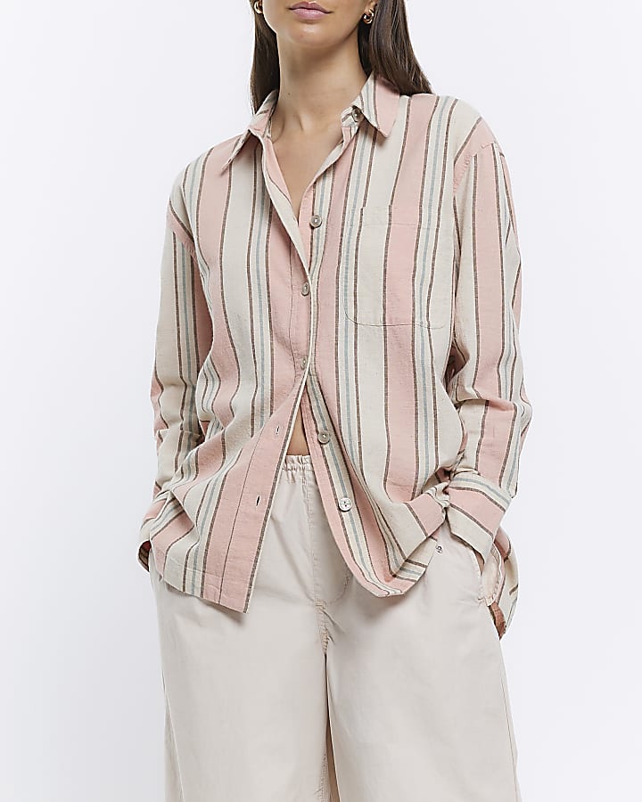 Pink linen blend striped oversized shirt