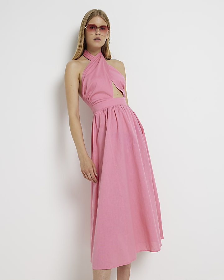 Pink linen halter neck midi dress | River Island