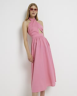 Pink linen halter neck midi dress
