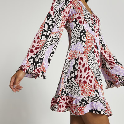 pink long sleeve animal print tea mini dress