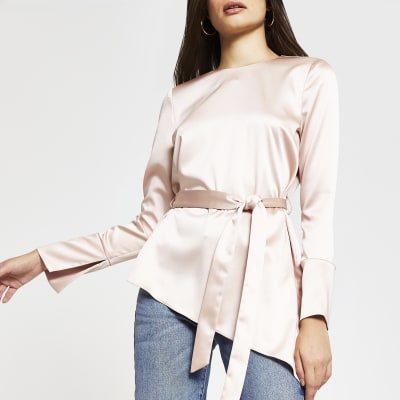 pink long sleeve cut out top