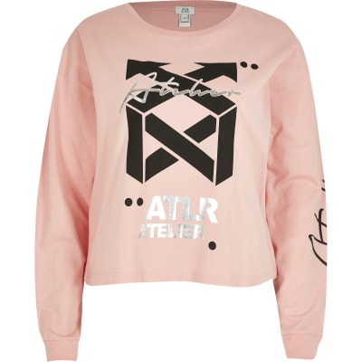 Pink long sleeve 'ATLR' foil print top