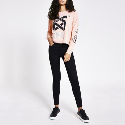 Pink long sleeve 'ATLR' foil print top
