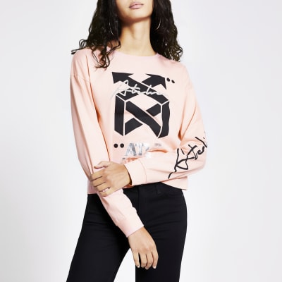 Pink long sleeve 'ATLR' foil print top