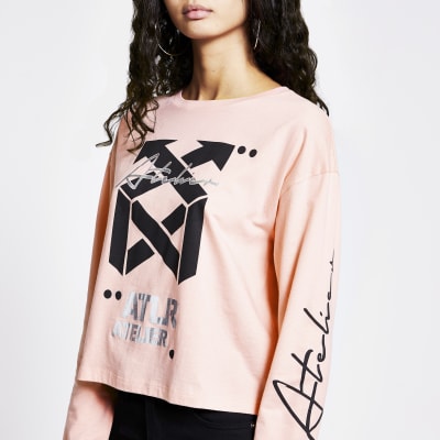 Pink long sleeve 'ATLR' foil print top