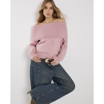 Pink Long Sleeve Bardot Jumper