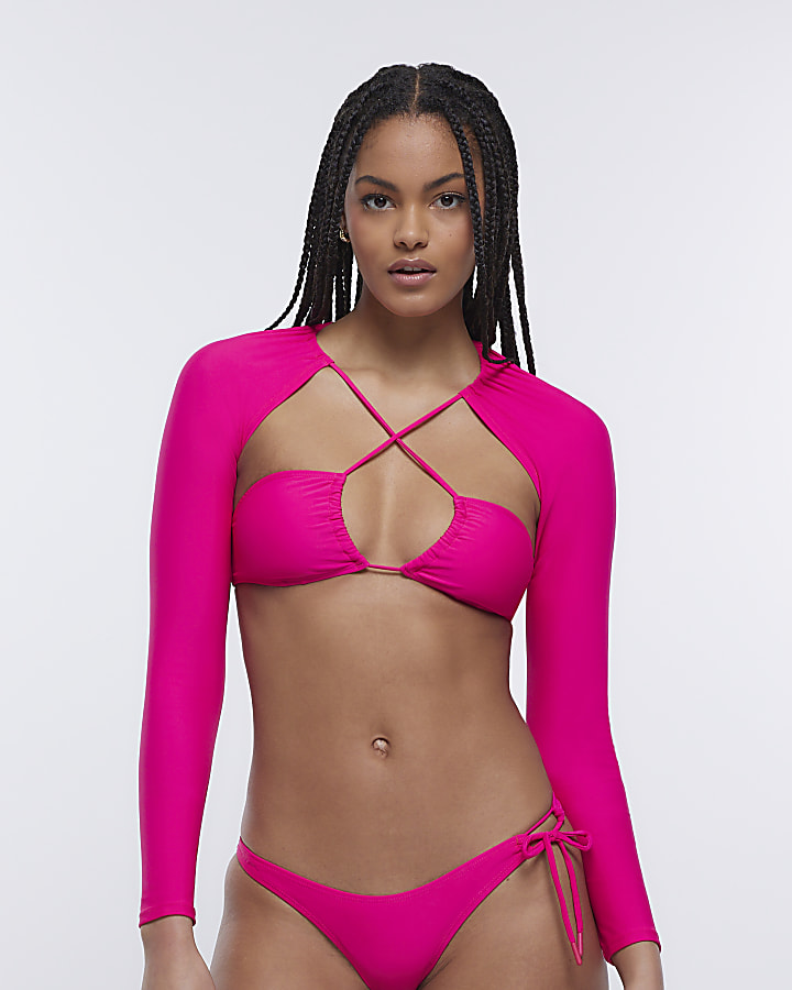 Pink long sleeve bikini top