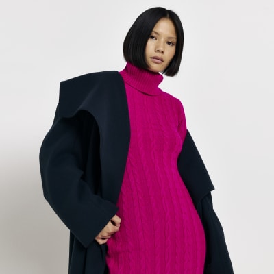 Pink long sleeve cable maxi jumper dress | River Island