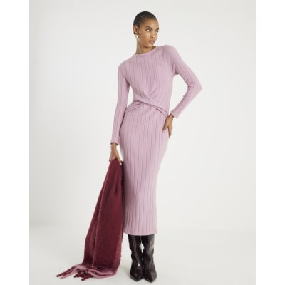 Pink Long Sleeve Cosy Twist Front Midi Dress