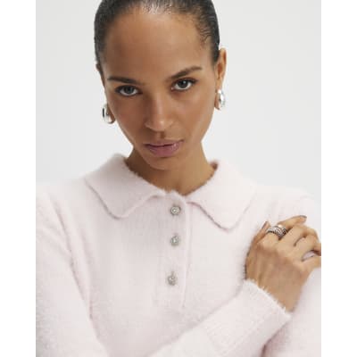 Pink Long Sleeve Fluffy Polo Top