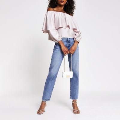 Pink Long Sleeve Frill Bardot Top River Island