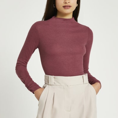 Pink Long Sleeve High Neck Ribbed Top River Island