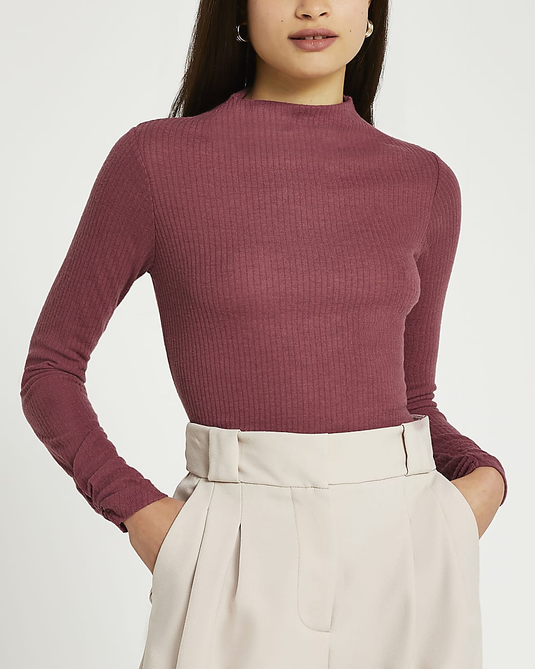 Pink long sleeve high neck ribbed top