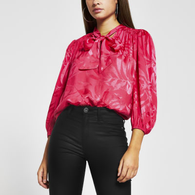 Pink long sleeve jacquard bow blouse top | River Island